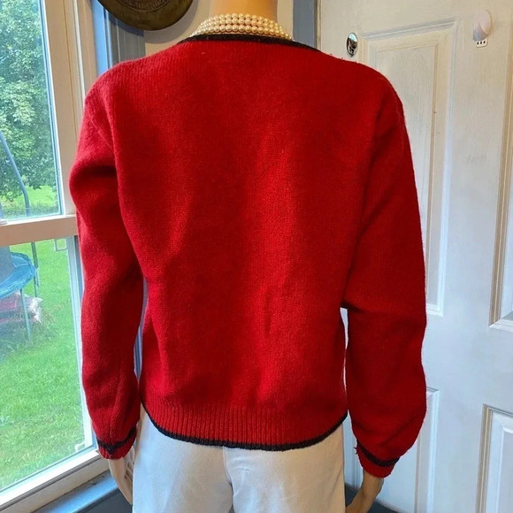 Limited 100% Wool Red Black Trim Sweater Cardigan Button Front Knit Women Size S - Picture 5 of 7